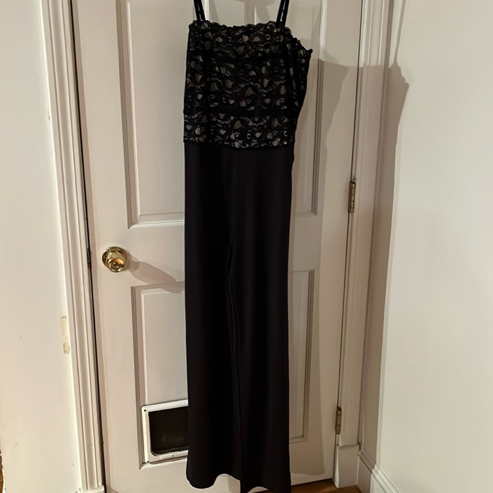 Shape FX size 14 black wide slit leg strapless jumpsuit lace detail stretch